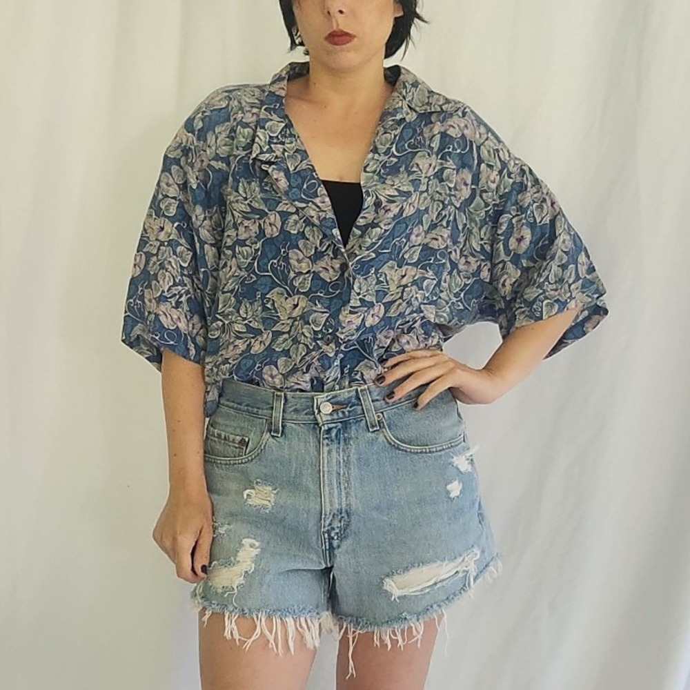 90s Blue Floral Silk Button Down